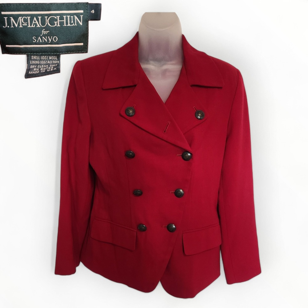 VTG J McLaughlin for Sanyo Women's Red Double Breasted Blazer Size 4 Wool